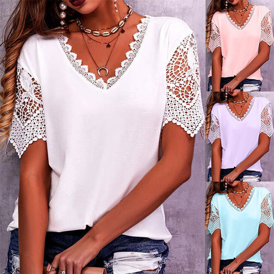 Lace Top Loose V Neck Short Sleeve Casual Shirt