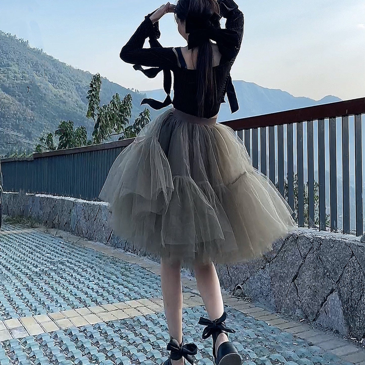 Black Tulle-Layered High-Waist A-Line Fairy Skirt