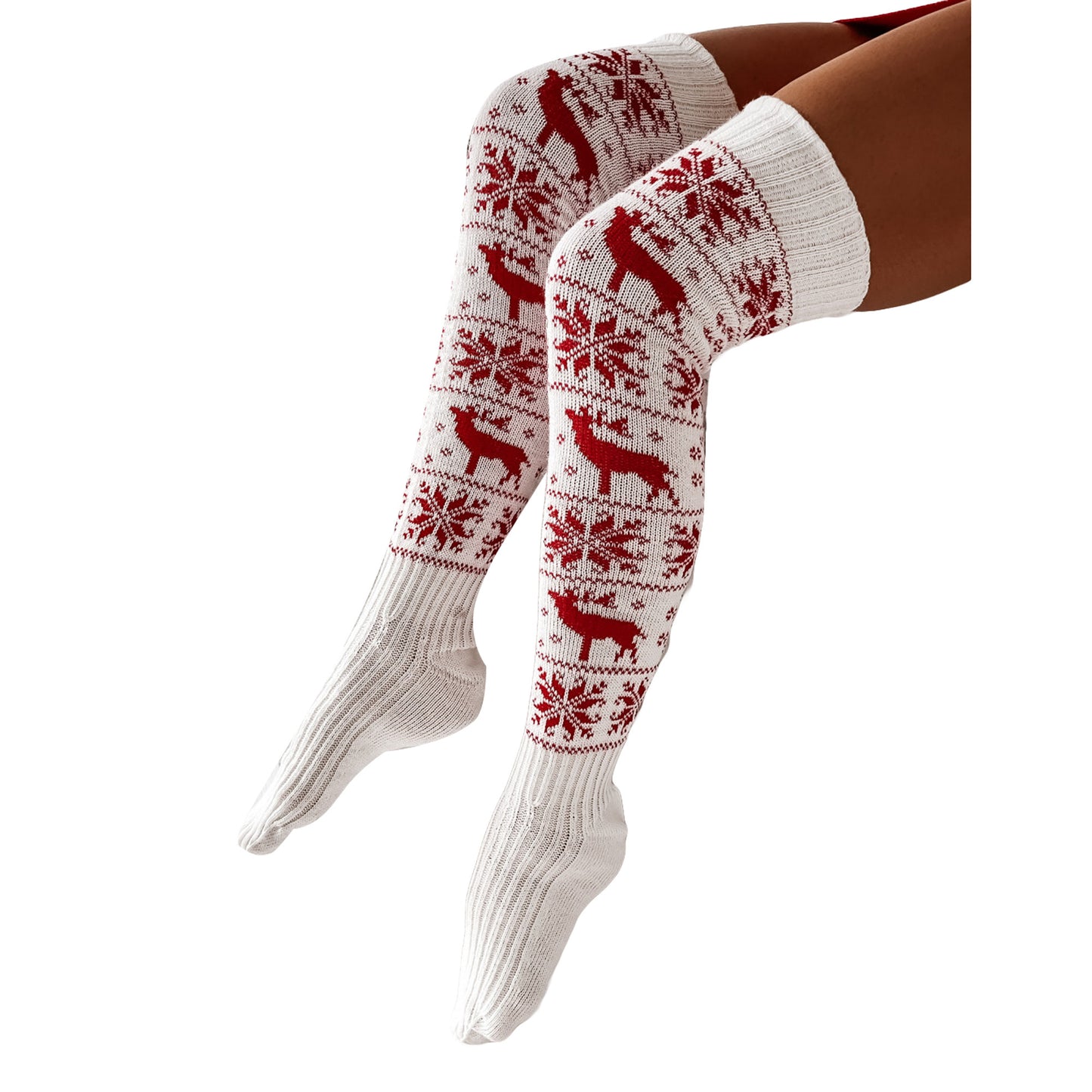 Women Long High Over The Knee Christmas Cotton Socks