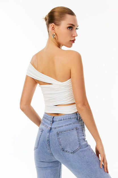 New Sexy Slim Vest Pleated Oblique Shoulder Strap Top