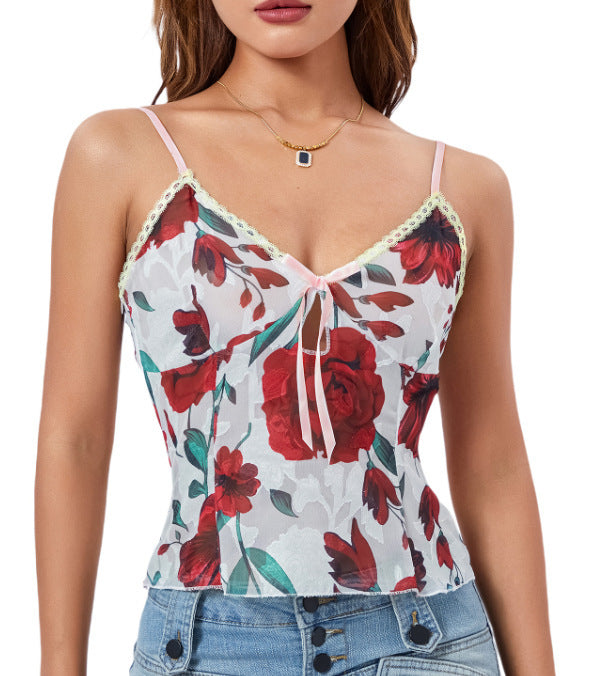 Female Floral Flower Spaghetti-strap Camisole Top