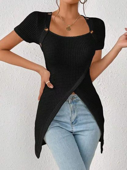 Women's Waffle Button Trim Long Hem Slit Top