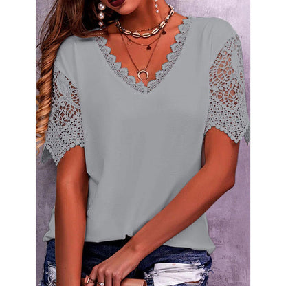 Lace Top Loose V Neck Short Sleeve Casual Shirt