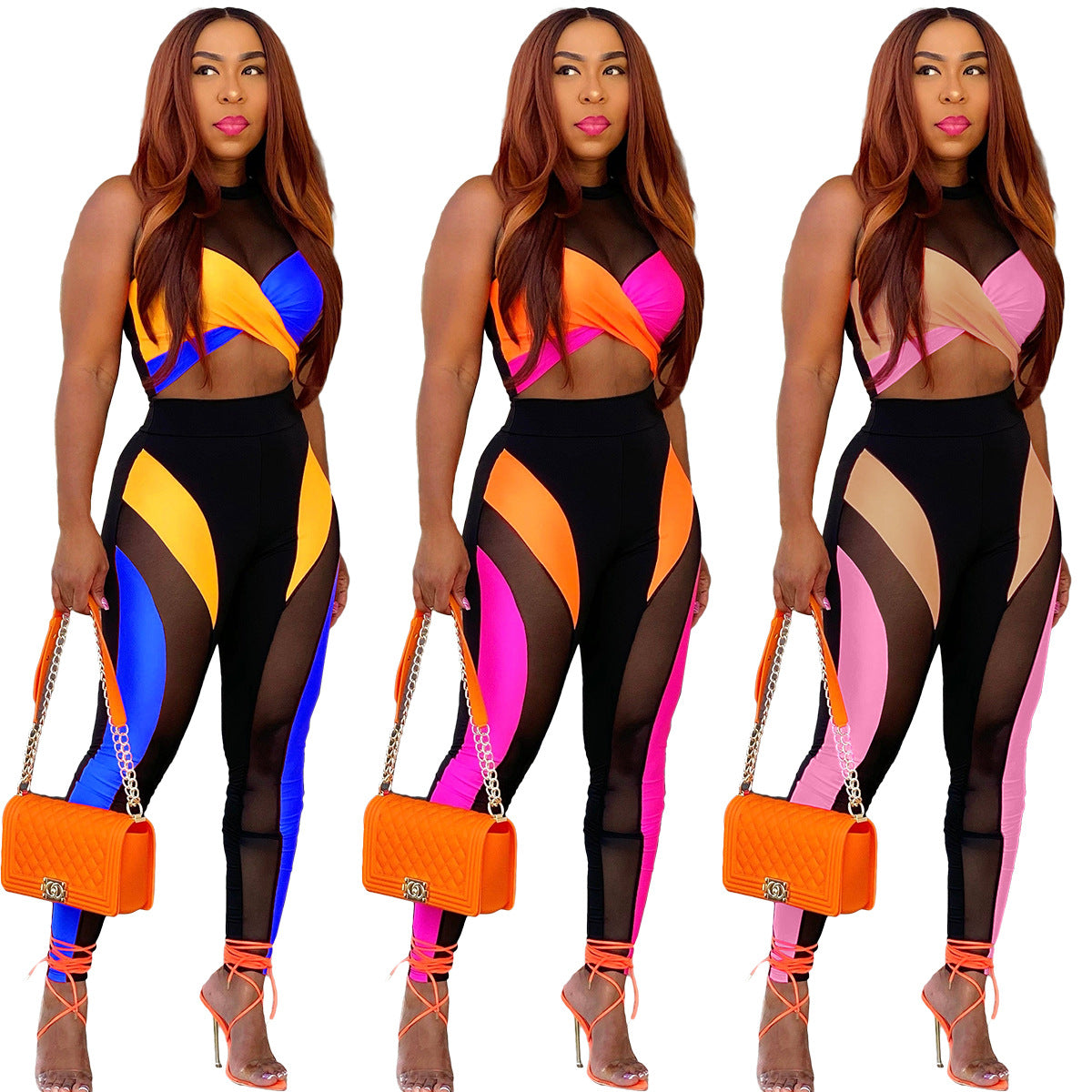 Color Matching Mesh Sexy Vest Trousers Two-piece Set