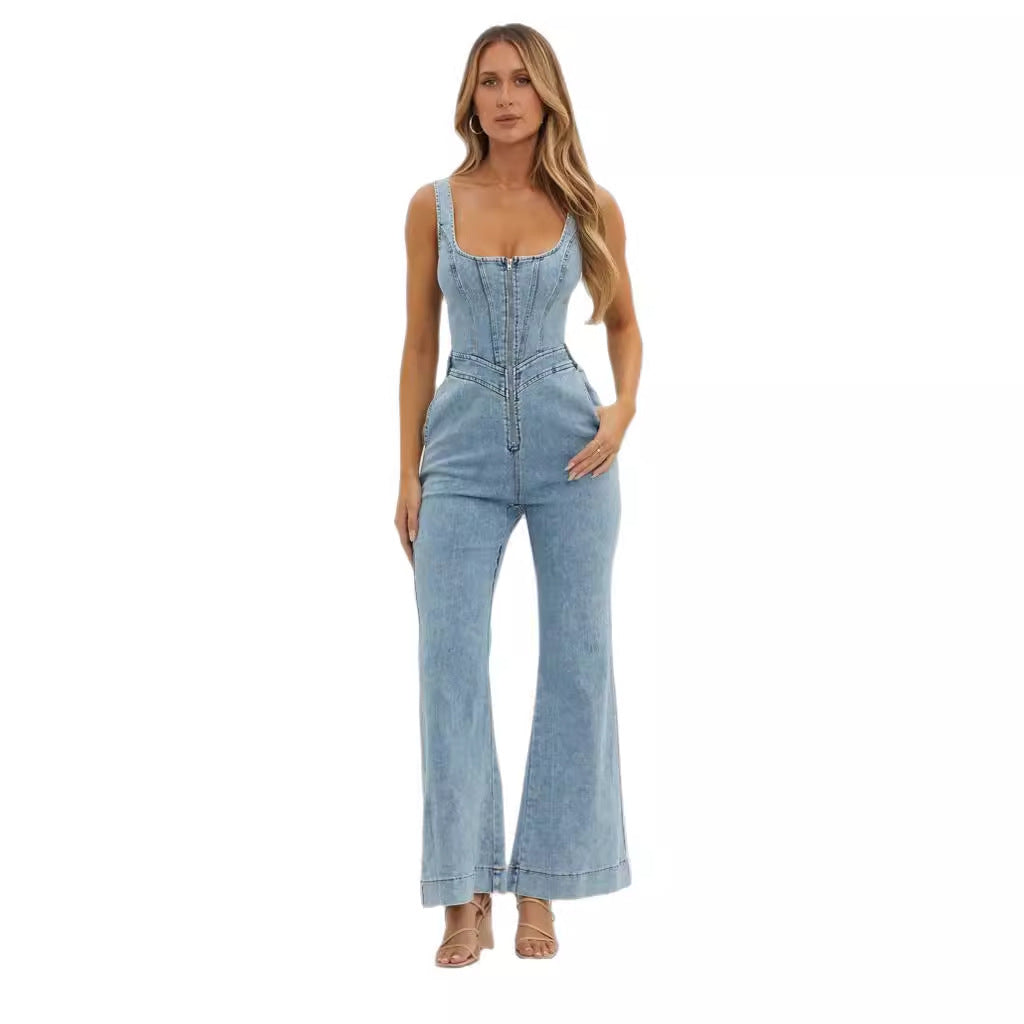 Adjustable Shoulder Strap Slim Cowboy Siamese Trousers Jumpsuit