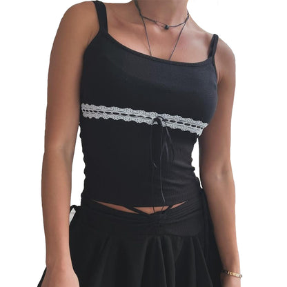 Color Contrast Patchwork Navel Lace-up Strap Top