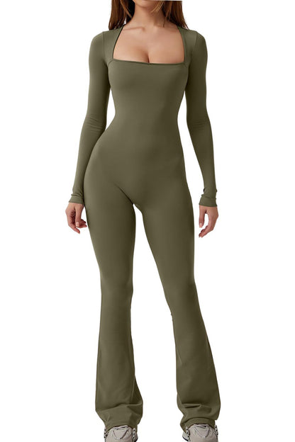 Women's Square Collar Solid Color Long Sleeve Jumpsuit