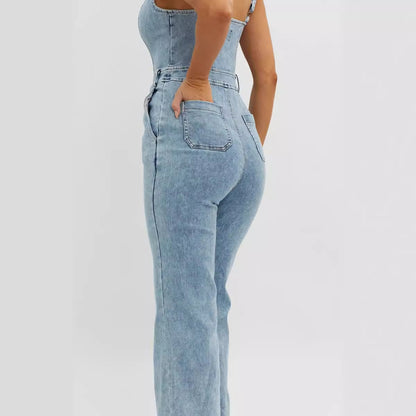 Adjustable Shoulder Strap Slim Cowboy Siamese Trousers Jumpsuit