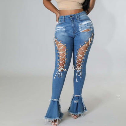 Mid-waist Retro Tattered Elastic Corns Bandage Mop Denim Bell-bottom Jeans