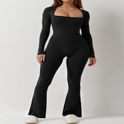 Women's Square Collar Solid Color Long Sleeve Jumpsuit