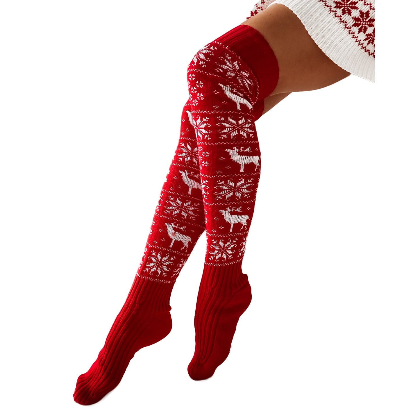 Women Long High Over The Knee Christmas Cotton Socks