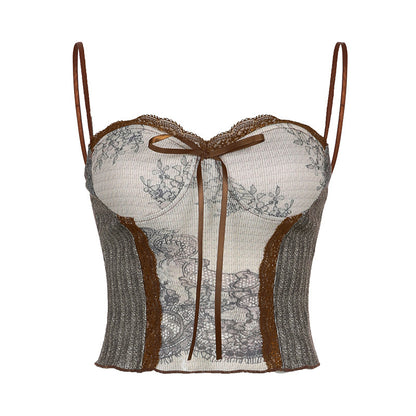 Women's Retro Printed Stitching Lace Chest Vest