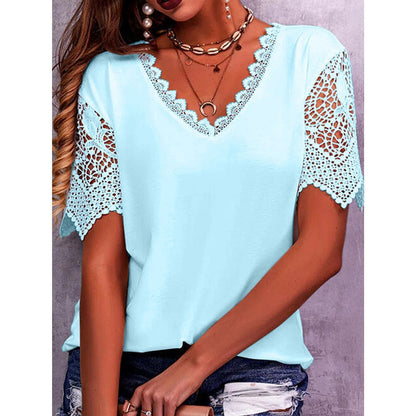 Lace Top Loose V Neck Short Sleeve Casual Shirt