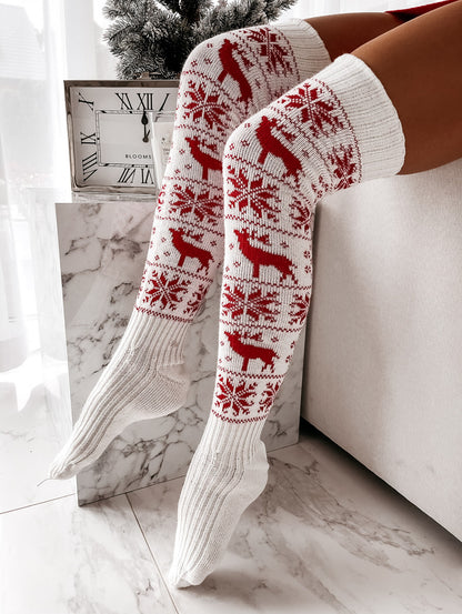 Women Long High Over The Knee Christmas Cotton Socks