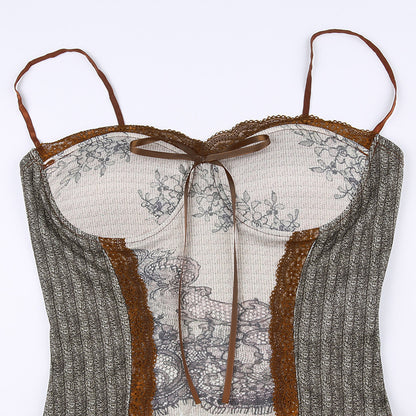 Women's Retro Printed Stitching Lace Chest Vest