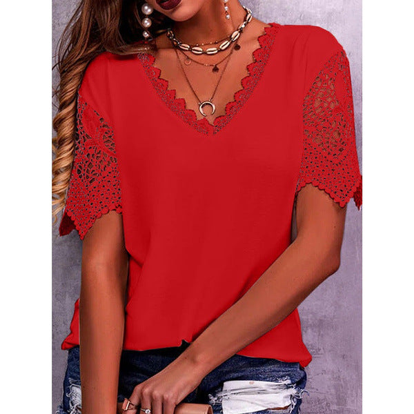 Lace Top Loose V Neck Short Sleeve Casual Shirt