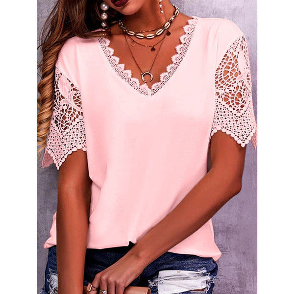 Lace Top Loose V Neck Short Sleeve Casual Shirt