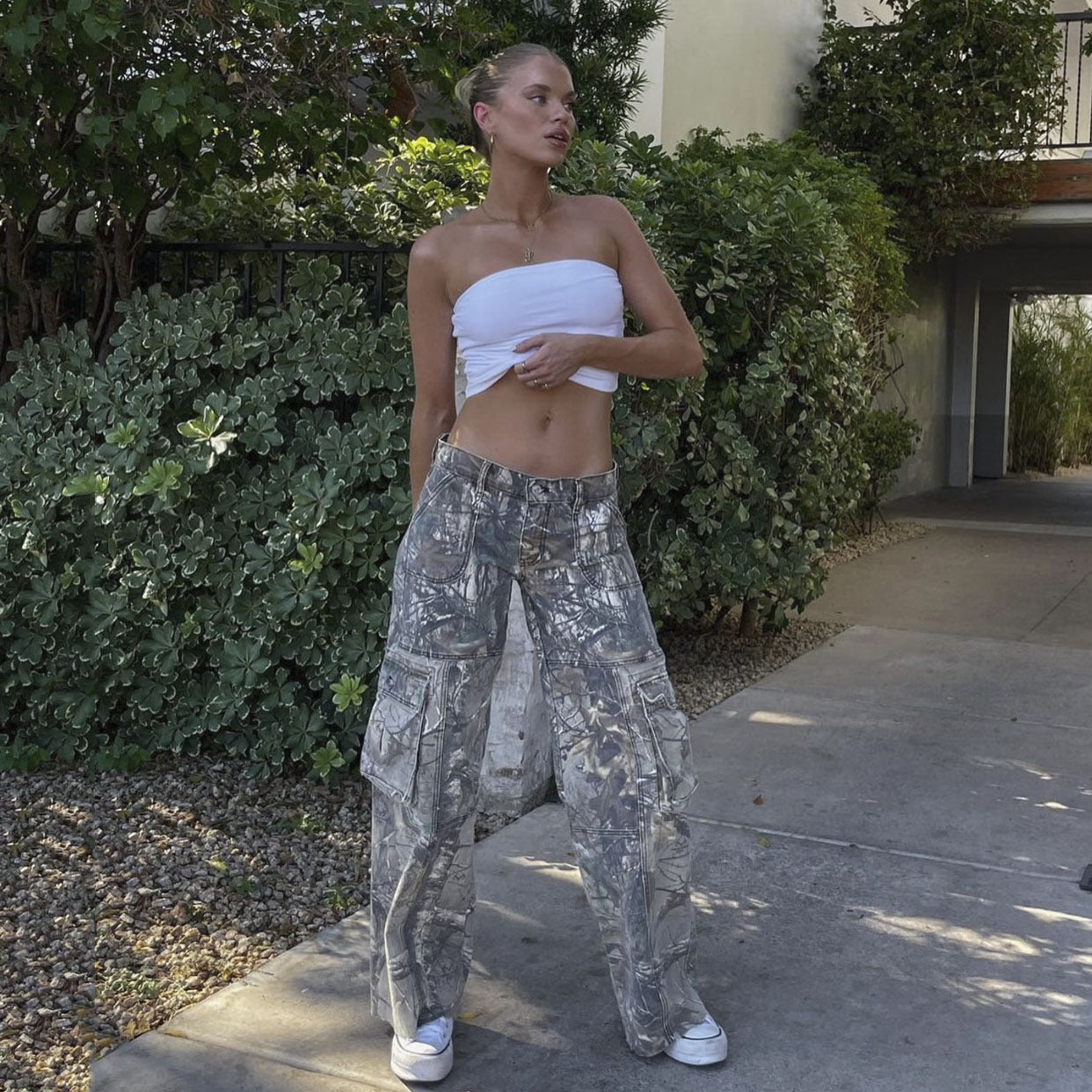 Casual Camouflage Loose Cargo Pants Low Waist Straight Trousers With Pockets