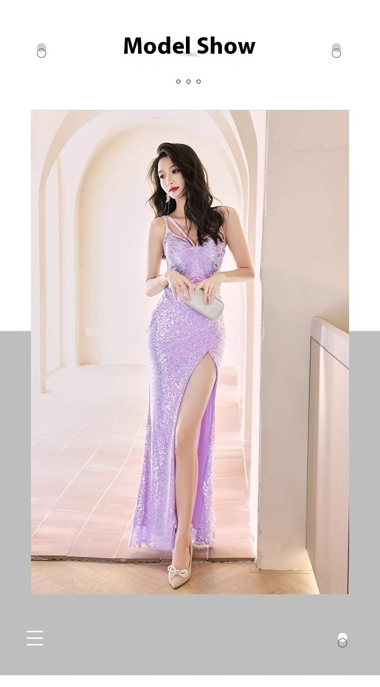 New Sequinned Evening Dress Purple French Style High Sense Banquet