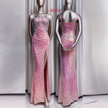 New Sequinned Evening Dress Purple French Style High Sense Banquet